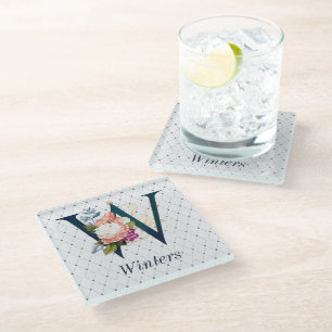 Navy Floral Monogram W Square Onderzetter Glazen Onderzetter