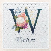 Navy Floral Monogram W Square Onderzetter Glazen Onderzetter (Voorkant)