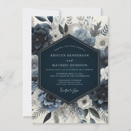 Navy Floral Moody Wedding Kaart (Voorkant)