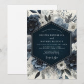 Navy Floral Moody Wedding Kaart (Voorkant / Achterkant)