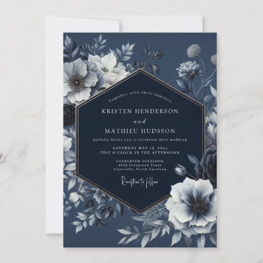 Navy Floral Nocturnal Romance Wedding Kaart (Voorkant)