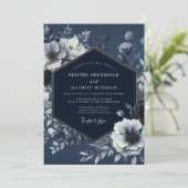 Navy Floral Nocturnal Romance Wedding Kaart (Staand voorkant)