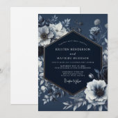 Navy Floral Nocturnal Romance Wedding Kaart (Voorkant / Achterkant)