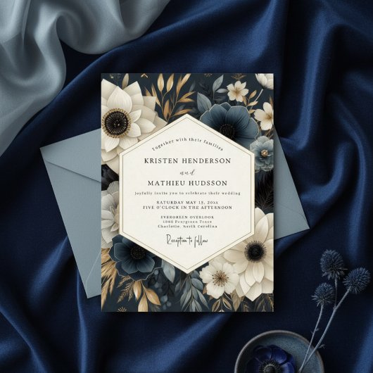 Navy Floral Opulence Wedding Kaart