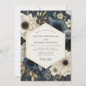 Navy Floral Opulence Wedding Kaart (Voorkant)