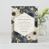 Navy Floral Opulence Wedding Kaart (Staand voorkant)