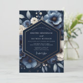 Navy Floral Opulent Wedding Kaart (Staand voorkant)