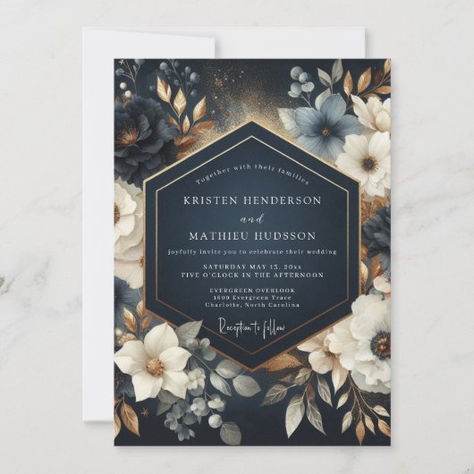 Navy Floral Opulent Wedding Kaart (Voorkant)