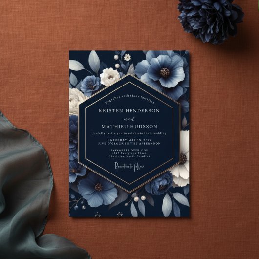 Navy Floral Opulent Wedding Kaart