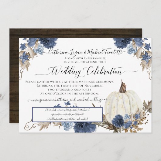 Navy Floral Pumpkin Rustic Wedding Celebration Kaart (Voorkant / Achterkant)