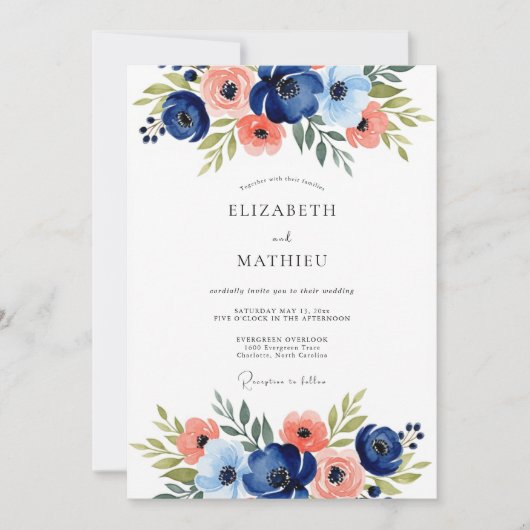 Navy Floral Romantic Wedding Kaart (Voorkant)