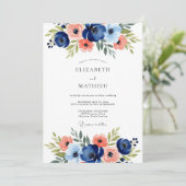 Navy Floral Romantic Wedding Kaart (Staand voorkant)
