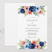 Navy Floral Romantic Wedding Kaart (Voorkant / Achterkant)