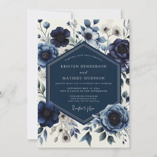 Navy Floral Romantic Wedding Kaart (Voorkant)