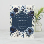 Navy Floral Romantic Wedding Kaart (Staand voorkant)