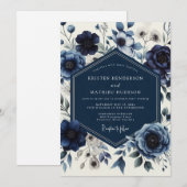 Navy Floral Romantic Wedding Kaart (Voorkant / Achterkant)