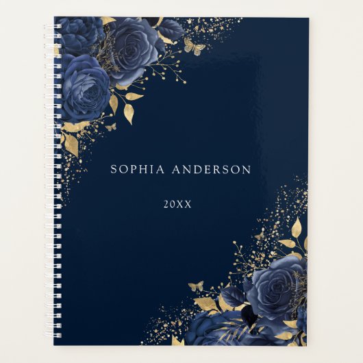 Navy Floral Rozen Gold Leaf Personal Work Planner (Voorkant)