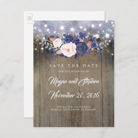 Navy Floral Rustic Save the Date Aankondigingskaart (Voorkant / Achterkant)
