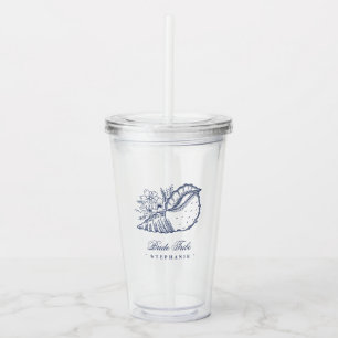 Navy Floral Seashell Bride Tribe Beach Weddenschap Acryl Drinkbeker