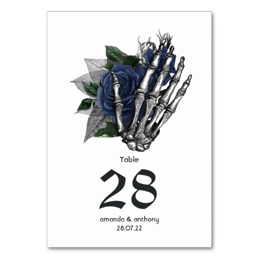 Navy Floral Skeleton Gothic Wedding Table Number Kaart (Voorkant)