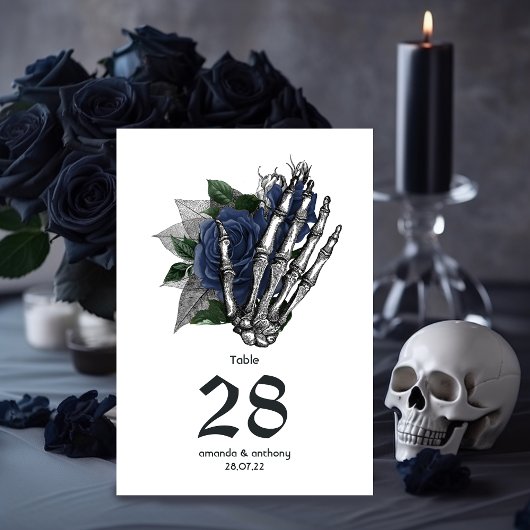 Navy Floral Skeleton Gothic Wedding Table Number Kaart