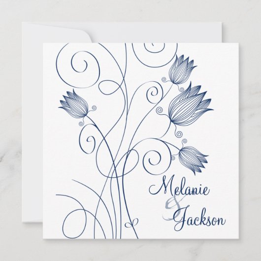 Navy Floral Swirls White Post Wedding Invita Kaart (Voorkant)