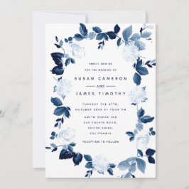 Navy Floral Waterverf Wreath Wedding Invitation Kaart