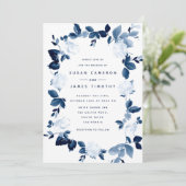 Navy Floral Waterverf Wreath Wedding Invitation Kaart (Staand voorkant)