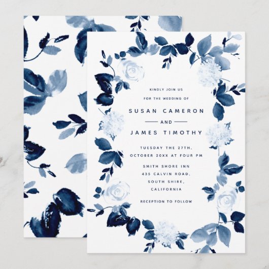 Navy Floral Waterverf Wreath Wedding Invitation Kaart (Voorkant / Achterkant)