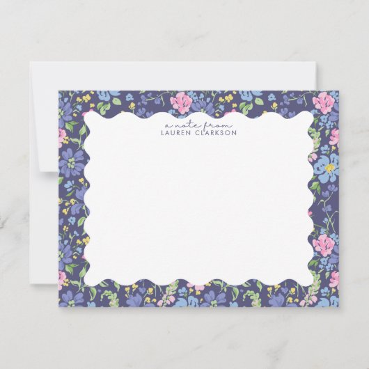 Navy Floral Wavy Frame Note Card Kaart (Voorkant)