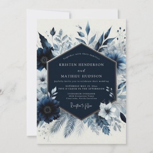 Navy Floral Winter Romance Wedding Kaart (Voorkant)