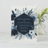 Navy Floral Winter Romance Wedding Kaart (Staand voorkant)
