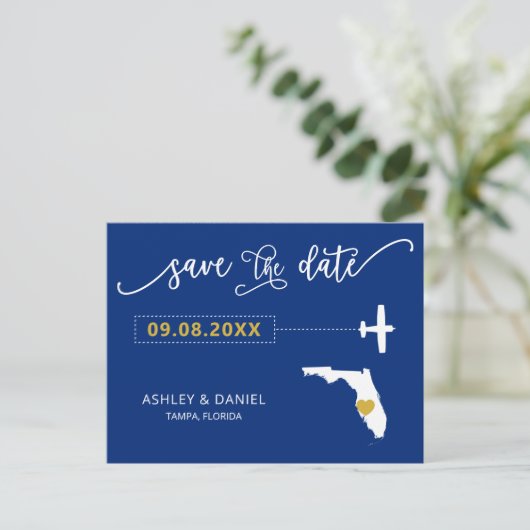 Navy Florida Wedding Save the Date Map Briefkaart (Staand voorkant)