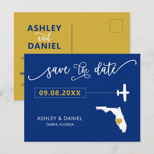 Navy Florida Wedding Save the Date Map Briefkaart (Voorkant / Achterkant)