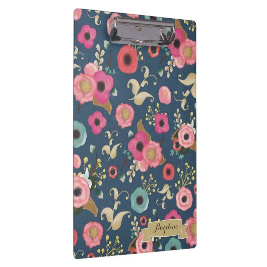 Navy Flower Pattern Modern gepersonaliseerd klembo Klembord (Rechts)