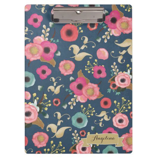 Navy Flower Pattern Modern gepersonaliseerd klembo Klembord (Voorkant)