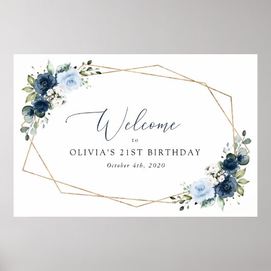 Navy Flowers, Blauwe Bloemen, Boho, Verjaardag Wel Poster (Voorkant)