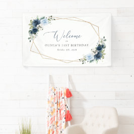 Navy Flowers, Blauwe Bloemen, Boho, Verjaardag Wel Spandoek