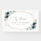 Navy Flowers, Blauwe Bloemen, Boho, Verjaardag Wel Spandoek (Horizontaal)