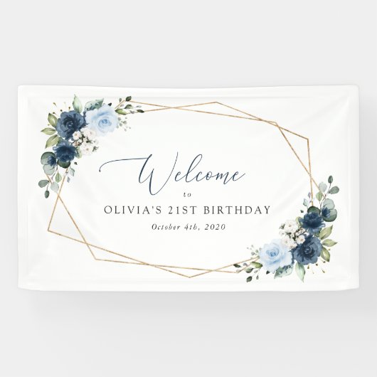 Navy Flowers, Blauwe Bloemen, Boho, Verjaardag Wel Spandoek (Horizontaal)