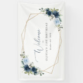 Navy Flowers, Blauwe Bloemen, Boho, Verjaardag Wel Spandoek (Verticaal)
