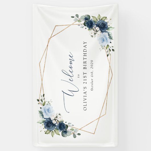 Navy Flowers, Blauwe Bloemen, Boho, Verjaardag Wel Spandoek (Verticaal)