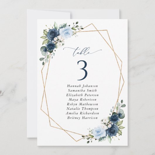 Navy Flowers, Blauwe Bloemen, Zitplaatskaart Kaart (Voorkant)