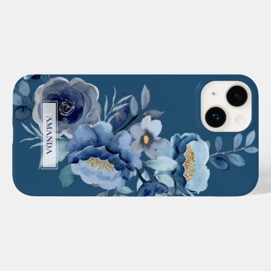 Navy Flowers | Blauwe persoonlijke naam Case-Mate iPhone Case (Achterkant (horizontaal))