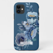 Navy Flowers | Blauwe persoonlijke naam Case-Mate iPhone Case (Achterkant)