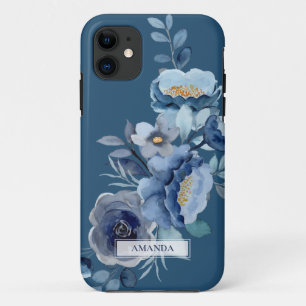 Navy Flowers Blauwe persoonlijke naam Case-Mate iPhone Case