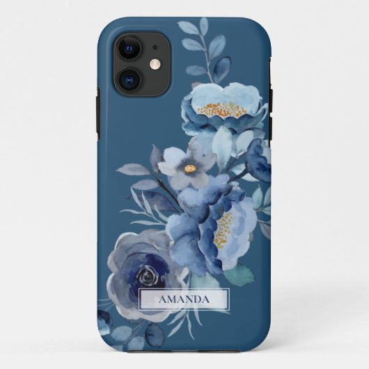 Navy Flowers | Blauwe persoonlijke naam Case-Mate iPhone Case (Achterkant)