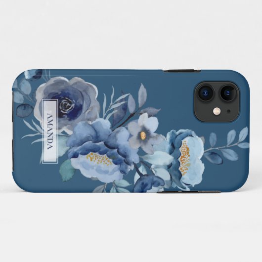 Navy Flowers | Blauwe persoonlijke naam Case-Mate iPhone Case (Achterkant (horizontaal))
