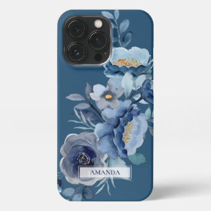 Navy Flowers   Blauwe persoonlijke naam iPhone 13 Pro Hoesje