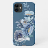 Navy Flowers | Blauwe persoonlijke naam iPhone Hoesje (Achterkant)